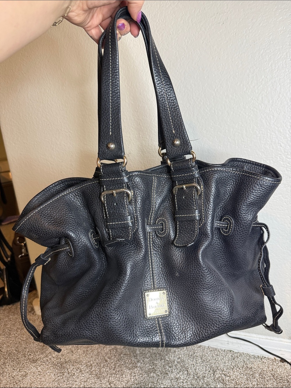 Vintage Dooney Women's Black pebbled Leather Tote Bag with Buckle Accents
